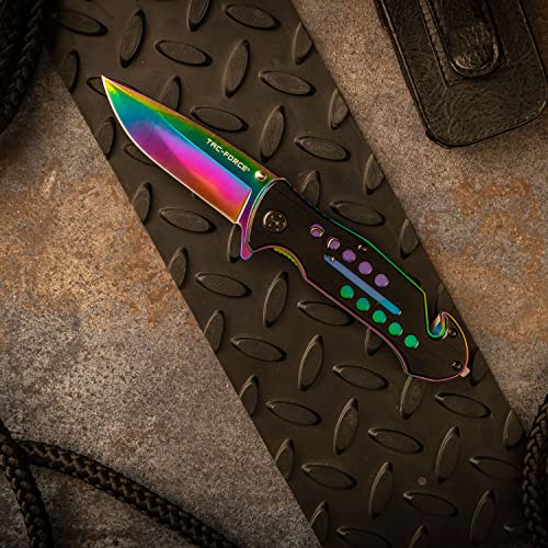 TAC Force Spring Assisted Folding Pocket Knife – Rainbow TiNite Coated Drop Point Blade and Liner, Black Aluminum Handle w/ Rope Cutter, Glass Punch, and Clip, Tactical, EDC, Rescue - TF-509 4.75 inch