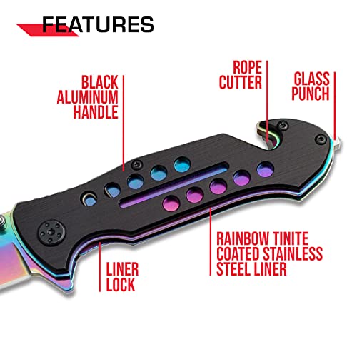 TAC Force Spring Assisted Folding Pocket Knife – Rainbow TiNite Coated Drop Point Blade and Liner, Black Aluminum Handle w/ Rope Cutter, Glass Punch, and Clip, Tactical, EDC, Rescue - TF-509 4.75 inch