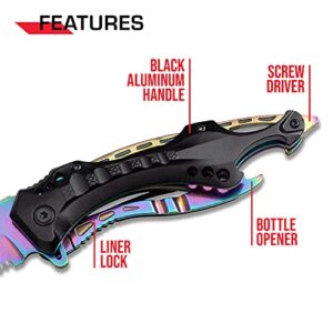 TAC Force Spring Assisted Folding Pocket Knife – Rainbow TiNite Coated Stainless Steel Blade with Black Aluminum Handle, Bottle Opener, Glass Punch and Pocket Clip, Tactical, EDC, Rescue - TF-705RB