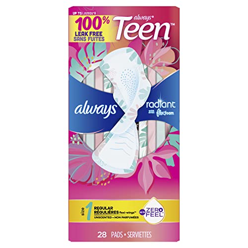 Always Radiant FlexFoam Teen Pads Regular Absorbency, 100% Leak Free Protection is possible, with Wings, Unscented, 28 Count