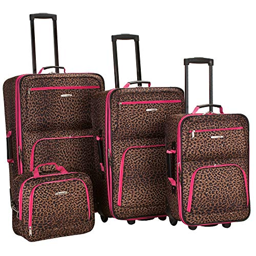 Rockland Jungle Softside Upright Luggage, Pink Leopard, 4-Piece Set (14/29/24/28)