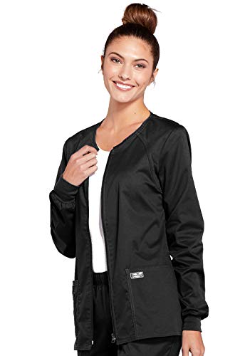 Cherokee Zip Front Scrub Jackets for Women, Workwear Core Stretch Soft Brushed Twill 4315, L, Black