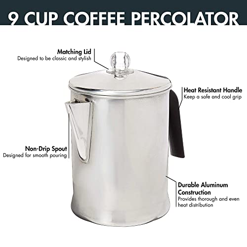 Primula Today Aluminum Stove Top Percolator Maker Durable, Brew Coffee On Stovetop, 9 Cup, Silver