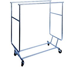 collaspible rolling garment clothing display salesman's rack with adjustable double rail; commercial grade