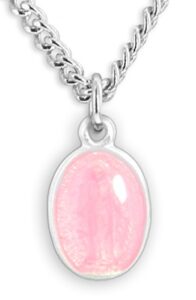 heartland store child's pink sterling silver oval miraculous pendant + 13 inch rhodium plated chain & clasp