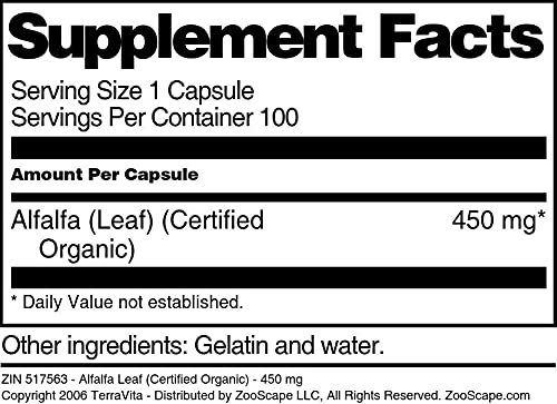 Alfalfa Leaf (Certified Organic) - 450 mg (100 Capsules, ZIN: 517563)