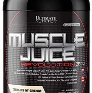 Ultimate Nutrition Muscle Juice Revolution Weight and Lean Muscle Mass Gainer Protein Powder with Glutamine, Micellar Casein and Time Release Complex Carbohydrates, Cookies N Cream, 4.69 Pounds