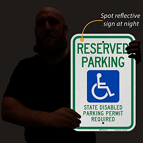 SmartSign - K-1467-EG-12x18-D3 "Reserved Parking - State Disabled Parking Permit Required" Sign | 12" x 18" 3M Engineer Grade Reflective Aluminum Blue/Green on White