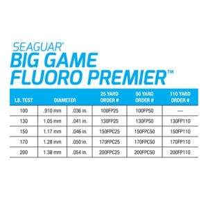 Seaguar Fluoro Premier 100% Fluorocarbon Fishing Line DSF, 200lbs, 50yds Break Strength/Length - 200FPC50