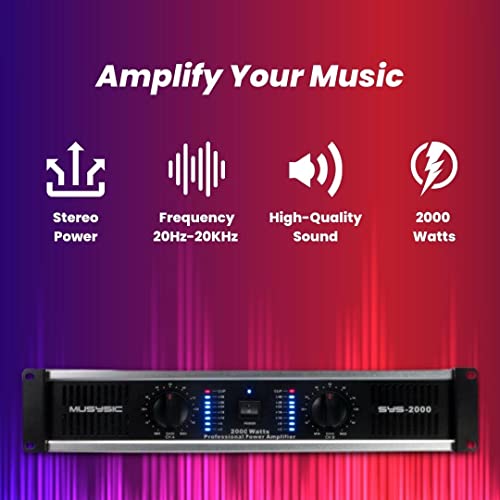 MUSYSIC 2 Channel Power Amplifier Distortion Free and Clear Sound - Professional 2U Chassis Rack Mount Amplifiers for DJs/Experts/Events w/ATR Technology/XLR and 1/4 Inch Inputs - 2000Watts