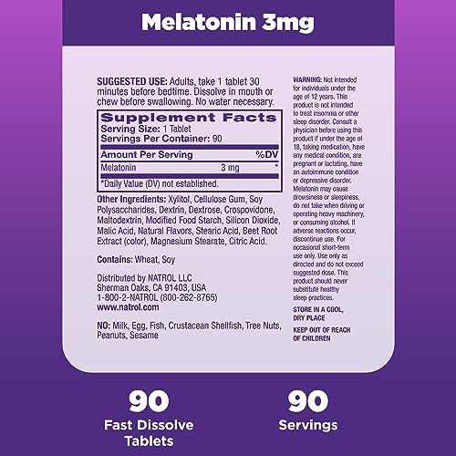 Natrol Melatonin 3mg, Strawberry-Flavored Dietary Supplement for Restful Sleep, 90 Fast-Dissolve Tablets, 90 Day Supply