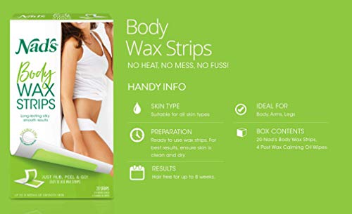 Nad's Body Wax Strips Hair Removal For Women All Skin Types, 20 Waxing Strips + 4 Calming Oil Wipes