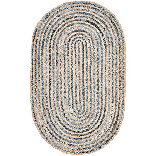 SAFAVIEH Cape Cod Collection Area Rug - 4' x 6' Oval, Natural & Blue, Handmade Flat Weave Jute, Ideal for High Traffic Areas in Living Room, Bedroom (CAP250A)