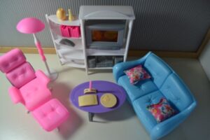 dollhouse furniture for barbie dolls - entertainment room tv ottoman cd shelf