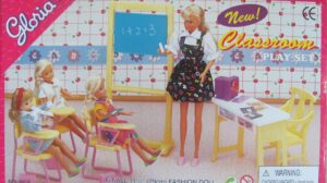 gloria dollhouse furniture for barbie dolls - classroom with desk, chairs chalkboard