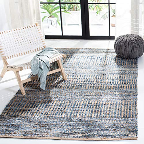 SAFAVIEH Cape Cod Collection Accent Rug - 4' x 6', Natural & Blue, Handmade Flat Weave Coastal Braided Jute, Ideal for High Traffic Areas in Entryway, Living Room, Bedroom (CAP353A)