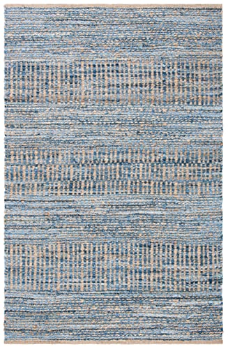 SAFAVIEH Cape Cod Collection Accent Rug - 4' x 6', Natural & Blue, Handmade Flat Weave Coastal Braided Jute, Ideal for High Traffic Areas in Entryway, Living Room, Bedroom (CAP353A)