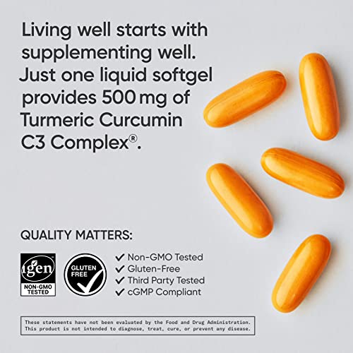 Sports Research Turmeric Curcumin C3 Complex 500 mg, Enhanced with Black Pepper and Organic Coconut Oil for Better Absorption; Non-GMO and Gluten Free - Standardized 95% Curcuminoids (120 Softgels)