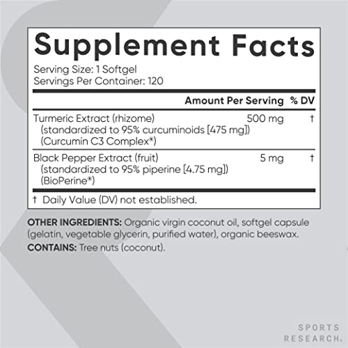 Sports Research Turmeric Curcumin C3 Complex 500 mg, Enhanced with Black Pepper and Organic Coconut Oil for Better Absorption; Non-GMO and Gluten Free - Standardized 95% Curcuminoids (120 Softgels)