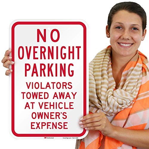 SmartSign - T1-1055-HI_12x18 No Overnight Parking - Violators Towed Sign By | 12" x 18" 3M High Intensity Grade Reflective Aluminum Red on White