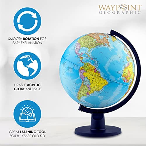 Waypoint Geographic Scout, Decorative Classroom Globe with Stand, World Globe with More than 4000 Places, 12” Interactive Globe with Political Mapping, Blue