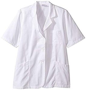 worklon 105m polyester/cotton ladies short sleeve pharmacy lab coat with button front closure, medium, white