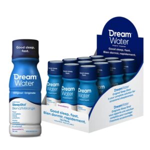 dream water sleep aid supplement drink; melatonin 5mg, gaba, 5-htp; zero sugar, natural flavors, no added colors, 2.5 oz liquid sleep shots, snoozeberry, 12-count