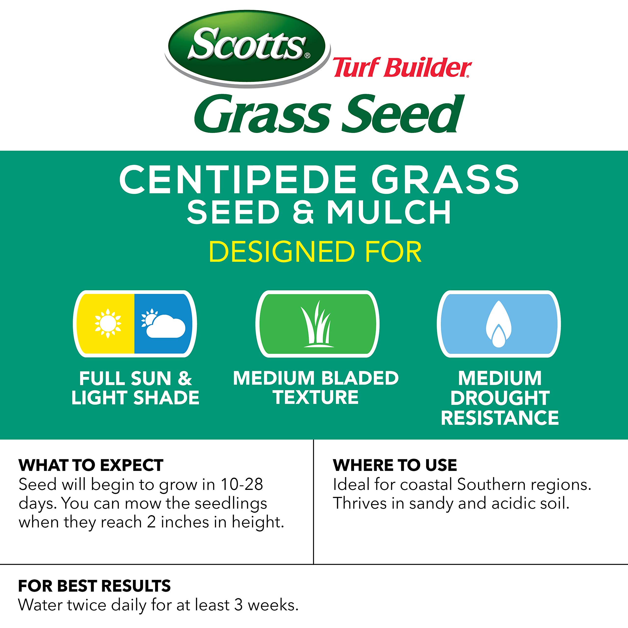 Scotts Turf Builder Centipede Grass Seed & Mulch, Grows a Thick, Low-Maintenance Lawn, 5 lbs.