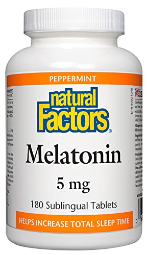 Stress-Relax Melatonin 5 mg by Natural Factors, Natural Sleep Aid, Resets the Sleep-Wake Cycle, 180 chewable tablets (180 servings), Peppermint Flavor