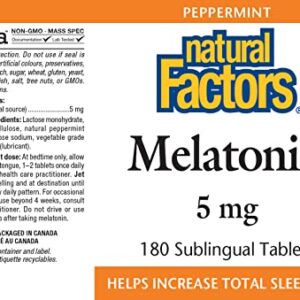 Stress-Relax Melatonin 5 mg by Natural Factors, Natural Sleep Aid, Resets the Sleep-Wake Cycle, 180 chewable tablets (180 servings), Peppermint Flavor