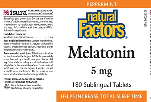 Stress-Relax Melatonin 5 mg by Natural Factors, Natural Sleep Aid, Resets the Sleep-Wake Cycle, 180 chewable tablets (180 servings), Peppermint Flavor