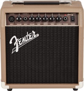fender acoustasonic guitar amp for acoustic guitar, 15 watts, 6 inch speaker, dual front-panel inputs, 11.5hx11.19wx7.13d inches, tan