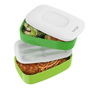 bentgo classic (green) - all-in-one stackable lunch box solution - sleek and modern bento box design includes 2 stackable containers, built-in plastic silverware, and sealing strap