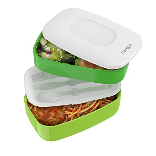 Bentgo Classic (Green) - All-in-One Stackable Lunch Box Solution - Sleek and Modern Bento Box Design Includes 2 Stackable Containers, Built-in Plastic Silverware, and Sealing Strap