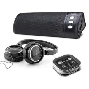 coby cjtp1 3-in-1 combo with travel speaker, headphones and earphones
