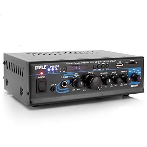 Pyle Home Audio Power Amplifier System - 2X120W Dual Channel Mixer Sound Stereo Receiver Box w/RCA, USB, AUX, Headphone, Mic Input, LED - for PA, Theater, Home Entertainment, Studio Use - Pyle PTAU55