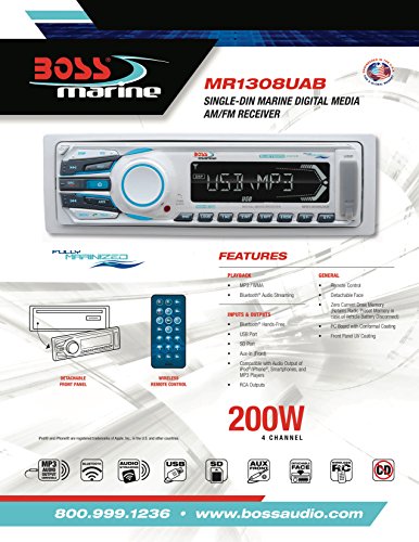 BOSS Audio Systems MR1308UAB Marine Receiver - Weatherproof, Bluetooth Audio, USB, SD, MP3, AM/FM, Aux-in, No CD Player, White, 8.50in. x 8.50in. x 4.00in.