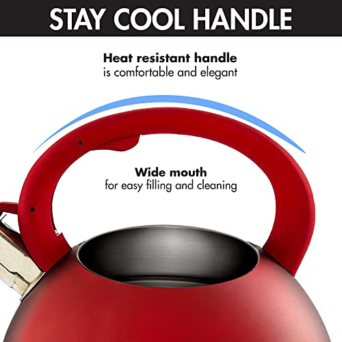 Primula Fast to Boil, Cool Touch Handle Food Grade Stainless Steel Hot Water Kettle, 2.5-Quart, Matte Red