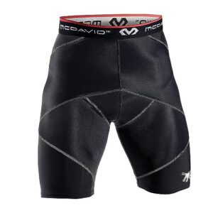 mcdavid cross compression shorts. thick compression for muscle support and recovery. hips, hamstring, quads black