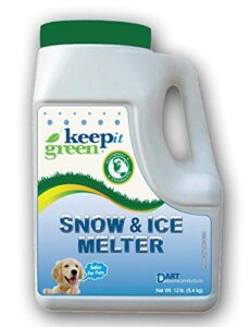 keep it green pet safe ice melt - 12 pound jug - nontoxic child friendly snow melter rock salt pellets with green tint - time release fertilizer for grass and garden - calcium chloride free