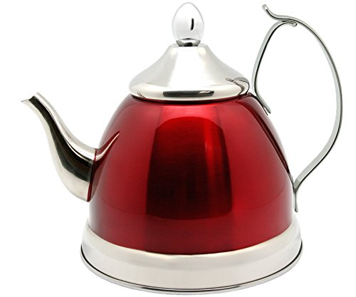 Creative Home Nobili-Tea 1.0 Quart Stainless Steel Tea Kettle with Removable Infuser Basket and Aluminum Capsulated Bottom for Even Heat Distribution, Metallic Cranberry