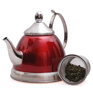 Creative Home Nobili-Tea 1.0 Quart Stainless Steel Tea Kettle with Removable Infuser Basket and Aluminum Capsulated Bottom for Even Heat Distribution, Metallic Cranberry