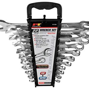 Performance Tool W1084 22pc Combination Wrenches Set (Metric and Standard Sizes) With Organizer Rack