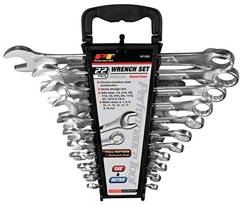 Performance Tool W1084 22pc Combination Wrenches Set (Metric and Standard Sizes) With Organizer Rack