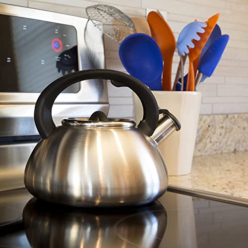 Primula Avalon Whistling Stovetop Tea Kettle Food Grade Wide Mouth, Fast to Boil, Cool Touch Handle, 2.5-Quart, Brushed Stainless Steel