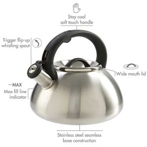 Primula Avalon Whistling Stovetop Tea Kettle Food Grade Wide Mouth, Fast to Boil, Cool Touch Handle, 2.5-Quart, Brushed Stainless Steel