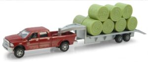 ertl plastic dodge pickup with diecast trailer and bales, 1:64-scale