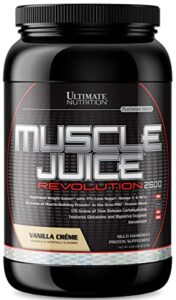 ultimate nutrition muscle juice revolution 2600 weight gainer, intestinal health, and muscle recovery with glutamine, micellar casein and time release complex carbohydrates, vanilla protein powder, 4.69 pounds