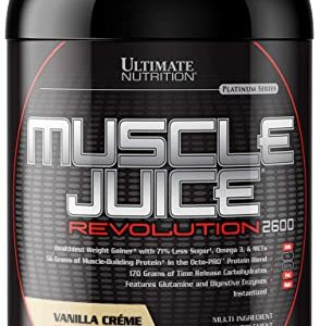 Ultimate Nutrition Muscle Juice Revolution 2600 Weight Gainer, Intestinal Health, and Muscle Recovery with Glutamine, Micellar Casein and Time Release Complex Carbohydrates, Vanilla Protein Powder, 4.69 Pounds