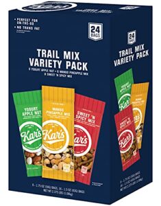 kar’s nuts trail mix variety pack, pack of 24 – yogurt apple nut, mango pineapple mix, sweet ‘n spicy – individually wrapped, gluten-free snack mix